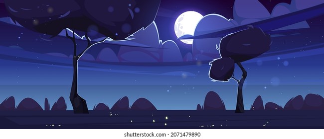 Summer Landscape With Grass, Bushes And Trees At Night. Vector Cartoon Illustration Of Nature Scene With Spring Lawn, Fireflies, Clouds, Moon And Stars In Dark Sky. Rural Meadow In Moonlight