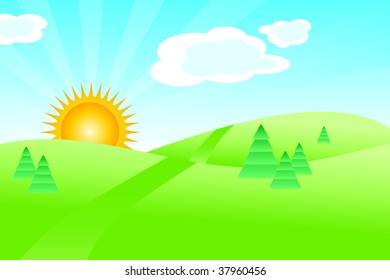 Summer landscape with grass, trees and sun