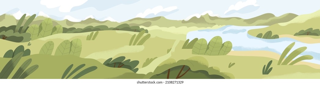 Summer landscape with grass and water. Rural nature panorama with river, green field and sky horizon. Countryside scene, panoramic view. Peaceful country scenery. Colored flat vector illustration