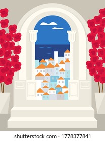 Summer landscape. Greece. View through the arch to the sea and houses. Illustration