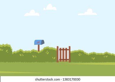 Summer landscape with green bushes fence, wooden side gate and Post box. Home backyard background. Vector illustration