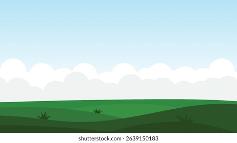 summer landscape with green field and white cloud on blue sky background. nature cartoon scene