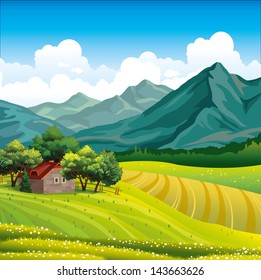 Summer landscape with green field, wooden house in a forest and mountains on a blue sky