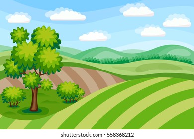 Paisaje de verano con campos verdes.