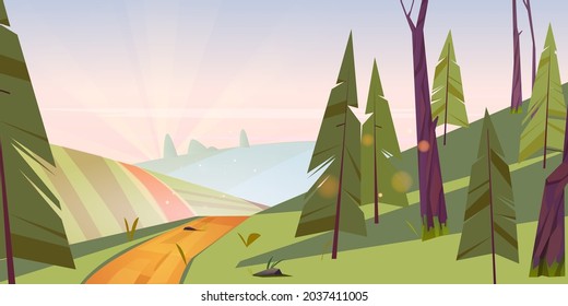 Summer landscape with green fields, hills and coniferous forest at morning. Vector cartoon illustration of dawn in countryside with farm lands, pine trees, road and sunbeams in sky
