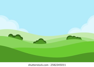 Summer landscape, green fields and hills. Vector illustration.