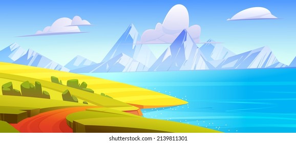 Summer landscape with green fields, lake and mountains on horizon. Vector cartoon illustration of countryside, hills with farmland, road on sea shore and white rocks