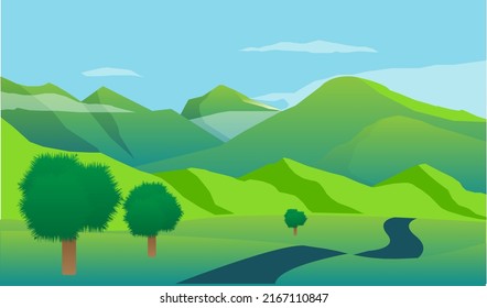 paisaje veraniego de campos verdes y montañas con césped, árboles, nubes blancas y cielo azul. ilustración vectorial de fondo.