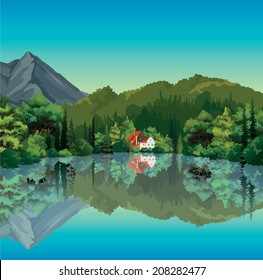 Summer landscape with green forest and house with red roof reflecting in the calm lake. Nature vector.