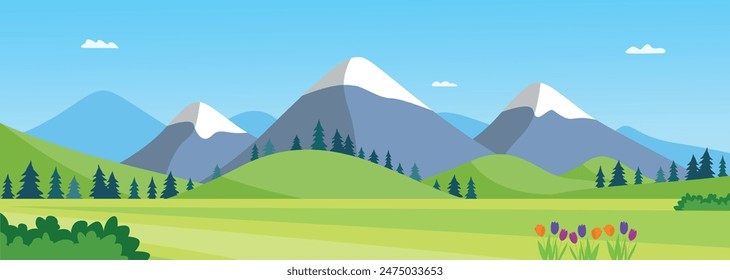 Summer Landscape green Forest with Mountains. Panoramic views of large mountains. nature landscape vector illustration.