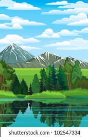 Summer landscape with green forest, river and mountains on a blue cloudy sky