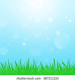 Summer landscape with green grass and blue sky with the sun and the sun's reflections