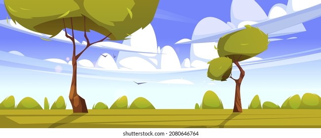 Summer landscape with green grass, bushes and trees. Vector cartoon illustration of nature scene with spring lawn, clouds and flying birds in blue sky. Rural meadow, pasture or garden scenery