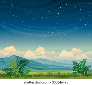 Summer landscape with green grass, fern and mountains on a night starry sky. 