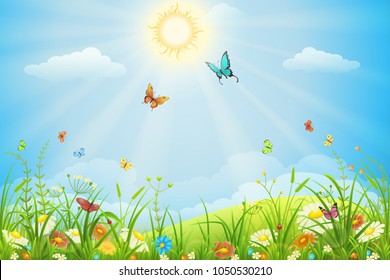 Summer landscape with green grass, flowers, sun, sky and butterflies