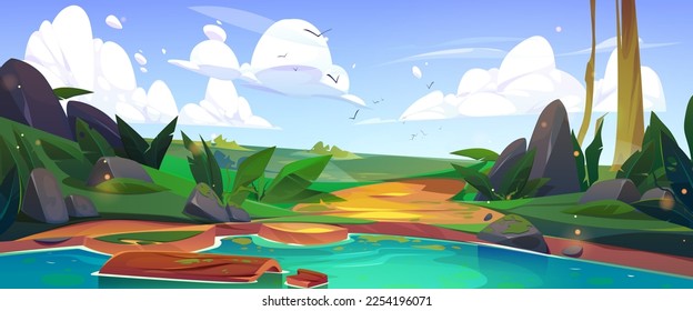 Paisaje veraniego con hierba verde, agua lago, árbol, nubes y pájaros voladores en el cielo. Escena de la naturaleza con campos, riberas de ríos o estanques, piedras y troncos, ilustración de dibujos vectoriales