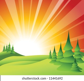 Summer landscape with green grass, trees and sun rise