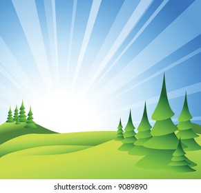 Summer landscape with green grass, trees and blue sky