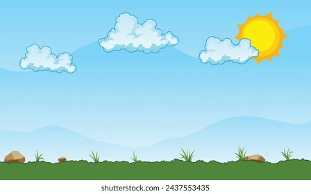 Paisaje de verano con campo verde bajo un cielo azul claro con nubes blancas y sol brillante - ilustración vectorial