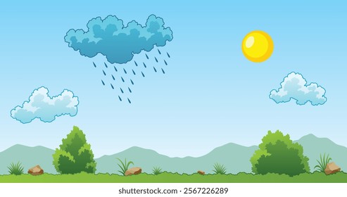 Summer landscape with green grassy field under a clear blue sky with white clouds and shining sun - vector illustration