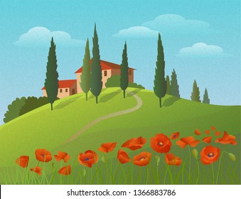 Summer Landscape with a green hill, old houses, cypress trees and poppy flowers. Vector colorful illustration with grainy texture.