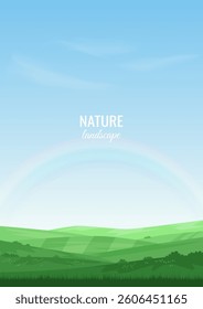 Summer landscape with green hills. Agricultural field with bushes. Rainbow in the blue sky. Warm sunny day. Background design, wallpaper, postcards, covers. Vector illustration.
