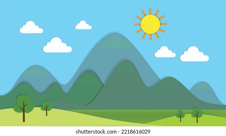 Summer landscape with green hills blue sky white clouds shiny sunlight. Papercut creative vector illustration. 