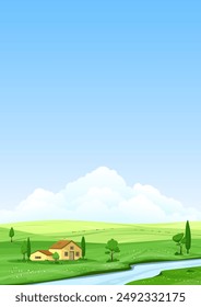 Summer landscape with green hills and meadows against a background of blue sky. A country house standing in the middle of a green valley, near the river. Outdoor recreation.