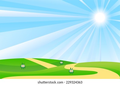 summer landscape with a green lawn and sun on blue sky, vector illustration