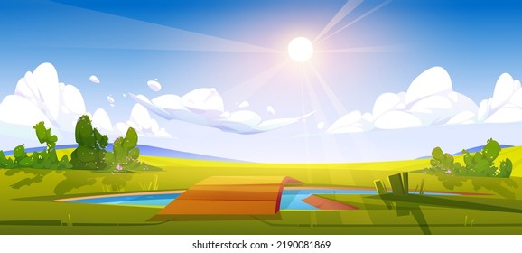 Paisaje veraniego con césped verde y puente de madera sobre estanque. Dibujo vectorial del panorama de la naturaleza con prados, arbustos con flores, sol en el cielo y lago con puente