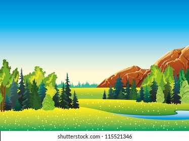 Summer landscape with green meadow, forest, mountain and river on a blue sky