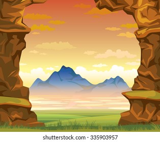 Summer landscape with green meadow, mountains and wall of rock on a sunset cloudy sky. Vector nature illustration.