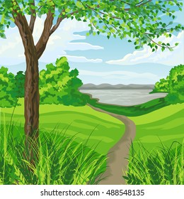 Summer landscape with green meadow, trees, lake and blue cloudy sky.