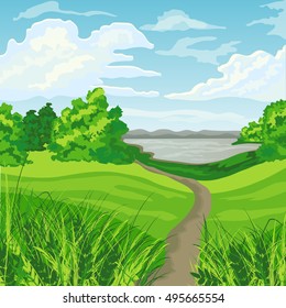 Summer landscape with green meadow, trees, lake and blue cloudy sky.