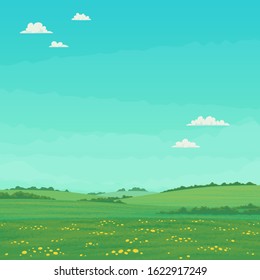 Summer landscape with green meadows with wildflowers and trees with bright blue sky and clouds. Cartoon vector illustration, card, country background, farming banner template.