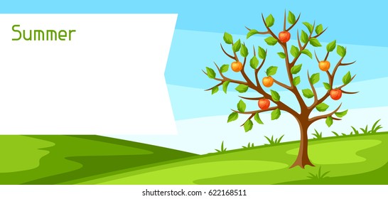 Summer landscape with green tree and apples. Seasonal illustration.