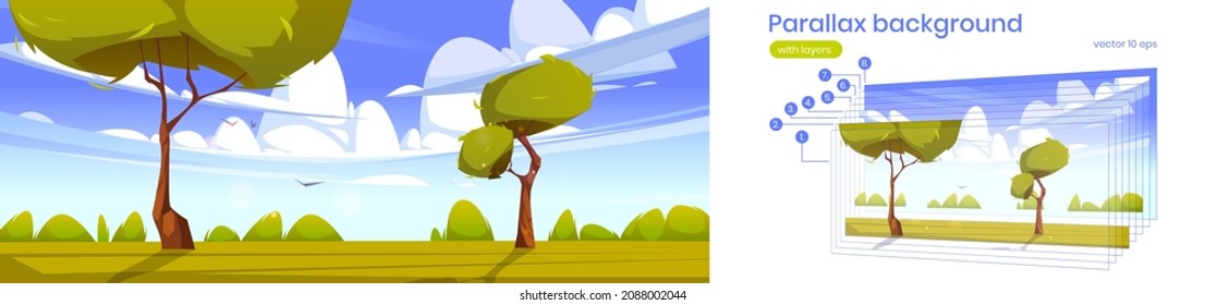 Summer landscape with green trees, bushes and grass. Vector parallax background for 2d animation with cartoon illustration of nature scene with spring lawn, clouds and flying birds