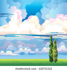 Summer landscape with group of clouds on a blue sky. two cypress and green meadow