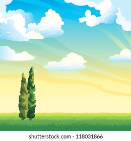 Summer landscape - group of clouds and two cypress on a green meadow