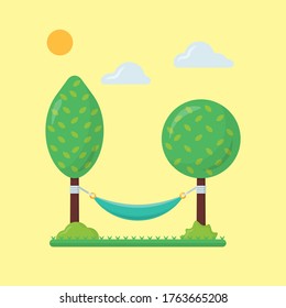 Summer landscape with hammock hanging between green trees. Nature, forest or garden background. Vacation, travel, holiday concept. Flat design vector illustration