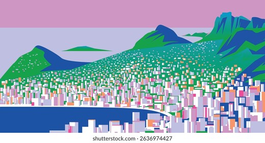 Summer landscape handmade drawing vector panorama of a coastal city with modern high-rise buildings, hotels, fashionable houses against the backdrop of green mountains descending to the sea. 