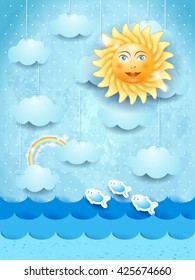 Summer landscape with hanging clouds and happy sun. Vector illustration 