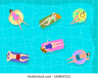 Summer landscape with happy tourists in the pool. Vector illustration.
