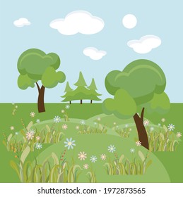 Summer landscape with hill tree and flowers. Cute romantic nature flat design stock vector illustration for web, for print