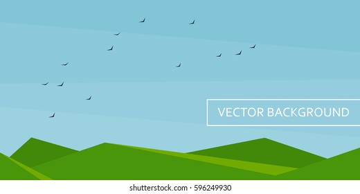 Summer landscape with hills, clear sky and flock of birds. Vector natural landscape.