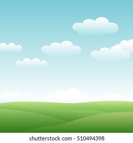 Summer landscape with hills and clouds in the sky. Vector background