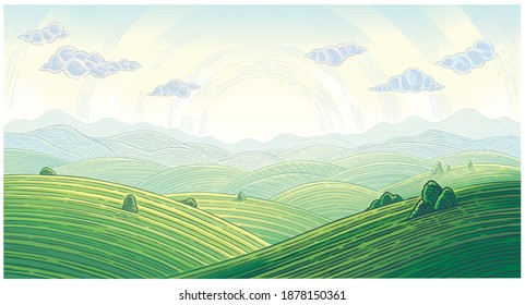 Summer landscape with hills,  mountains and sunrise over horizon, vector illustration.