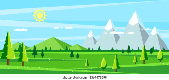 Summer landscape with hills, mountains and trees. Hello summer concept. Flat style illustration.