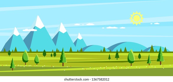 Summer landscape with hills, mountains and trees. Hello summer concept. Flat style illustration.