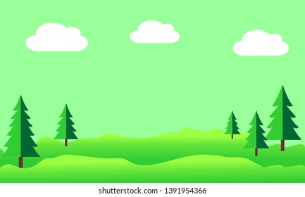 Summer landscape with hills and pine trees. Eco-friendly concept ideas. Concept for fresh air. Vector graphic illustration.